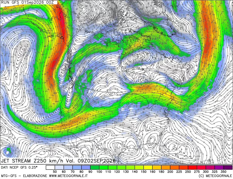 mappa 250 hPa Jet stream