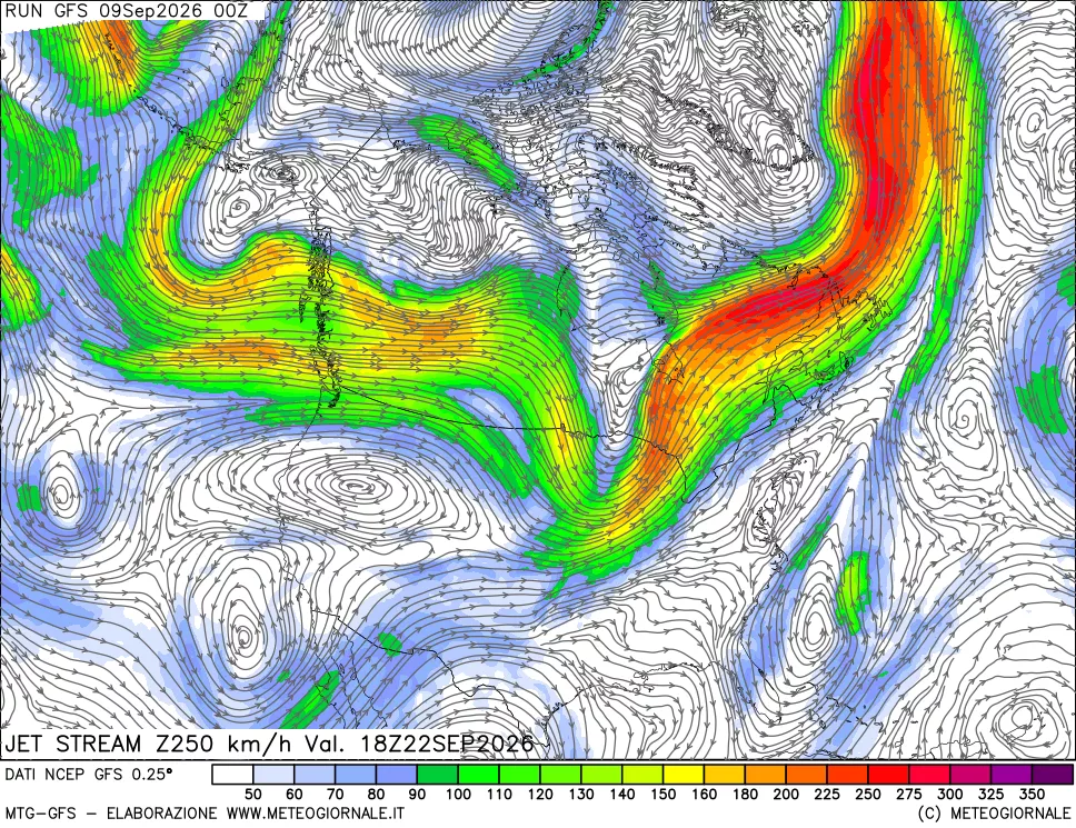 mappa 250 hPa Jet stream