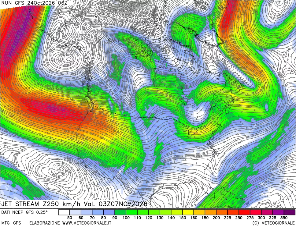 mappa 250 hPa Jet stream