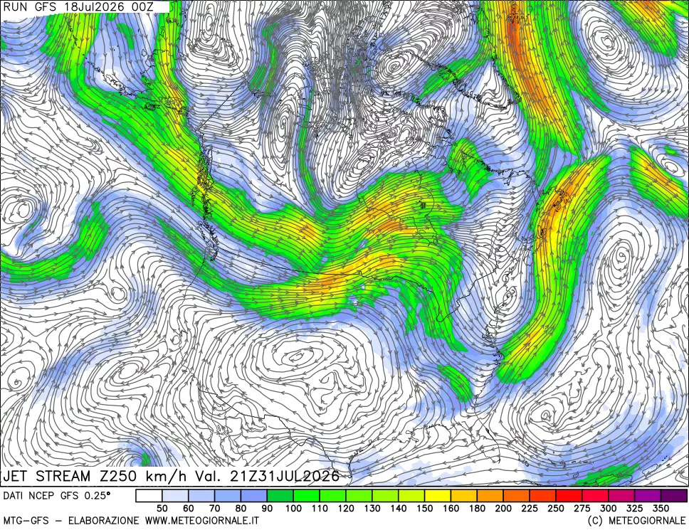 mappa 250 hPa Jet stream