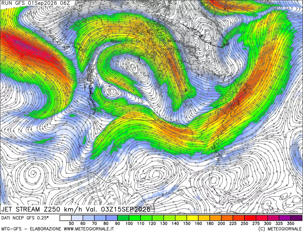 mappa 250 hPa Jet stream