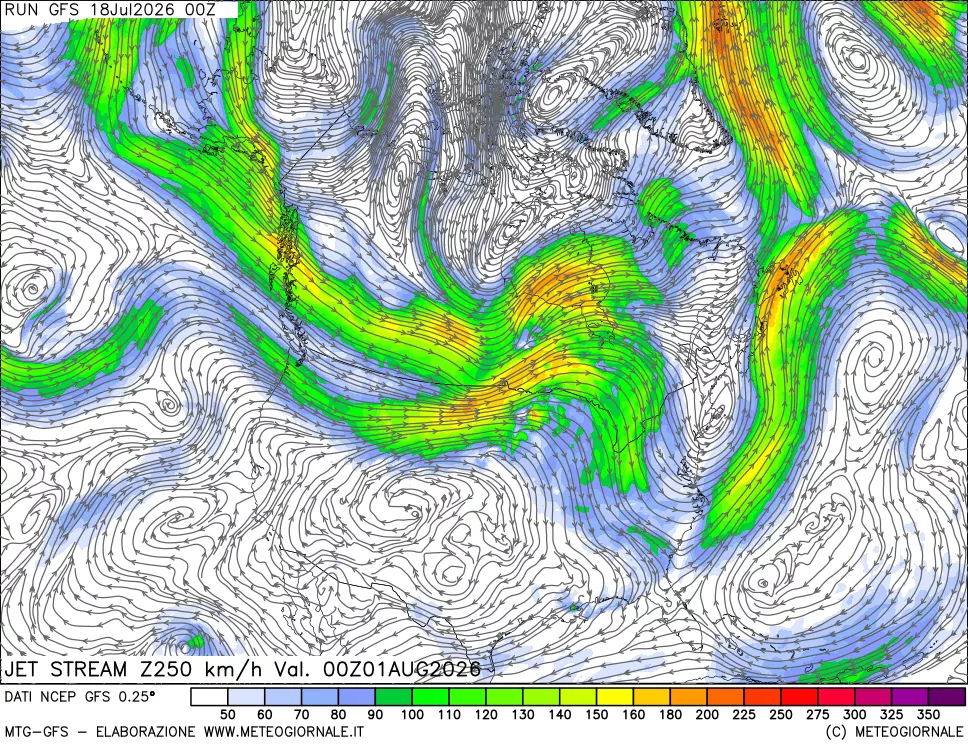 mappa 250 hPa Jet stream