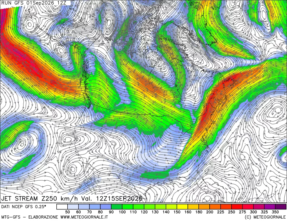 mappa 250 hPa Jet stream