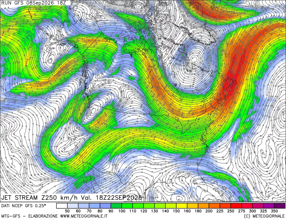 mappa 250 hPa Jet stream
