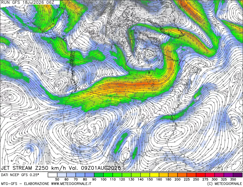 mappa 250 hPa Jet stream