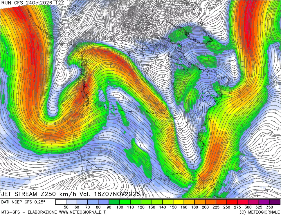 mappa 250 hPa Jet stream