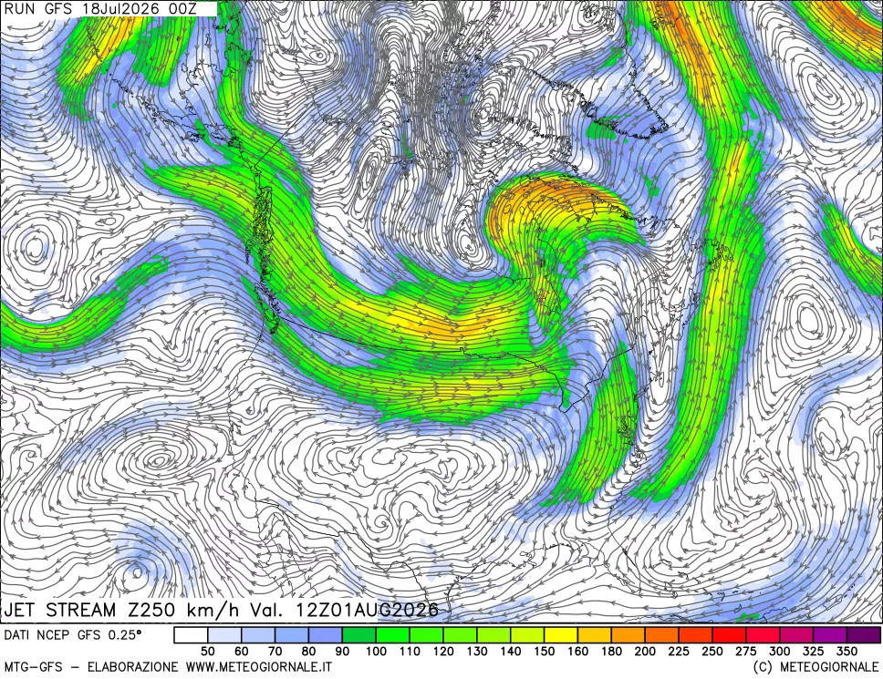 mappa 250 hPa Jet stream