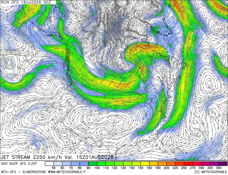 mappa 250 hPa Jet stream