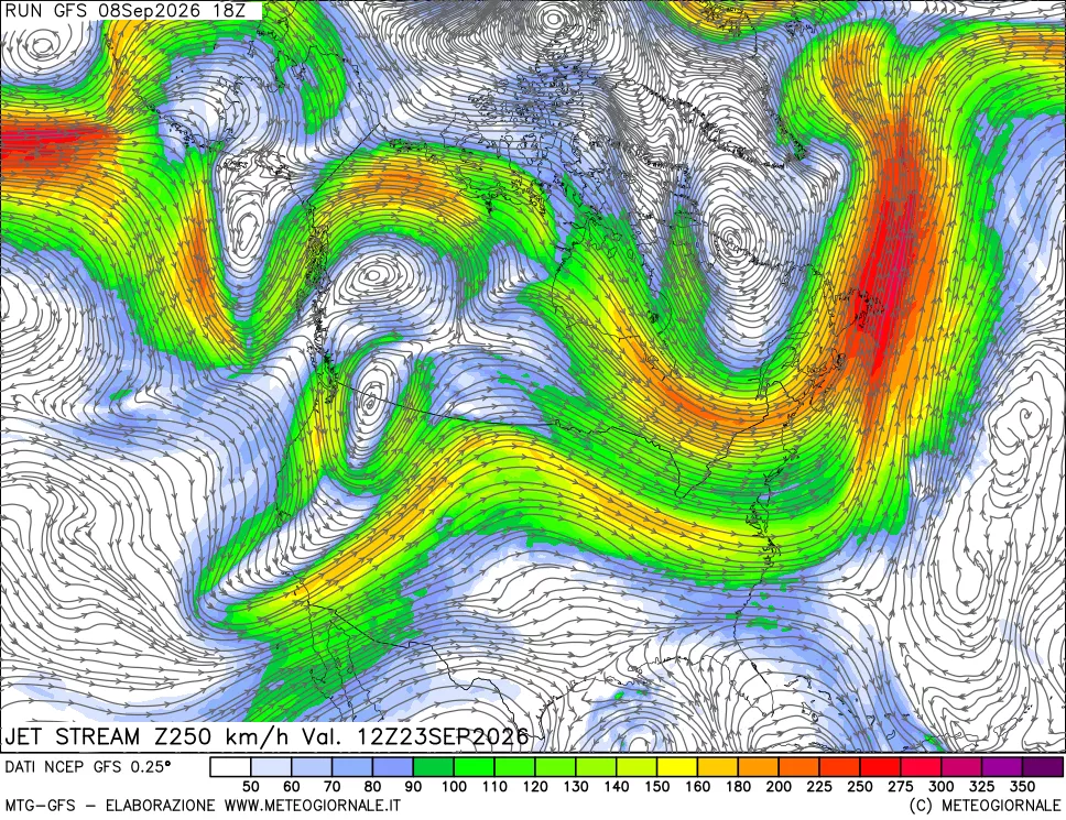mappa 250 hPa Jet stream