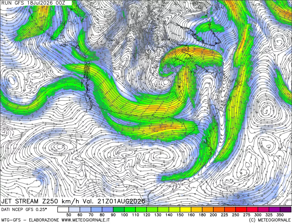 mappa 250 hPa Jet stream