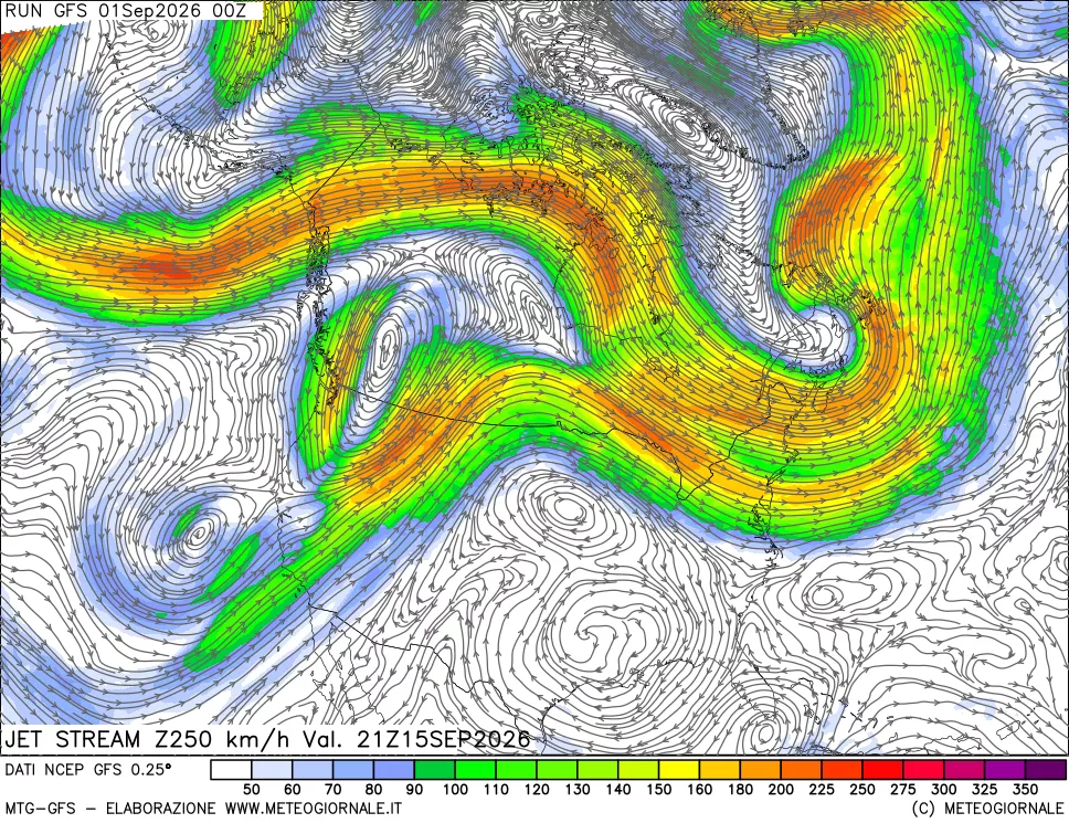 mappa 250 hPa Jet stream