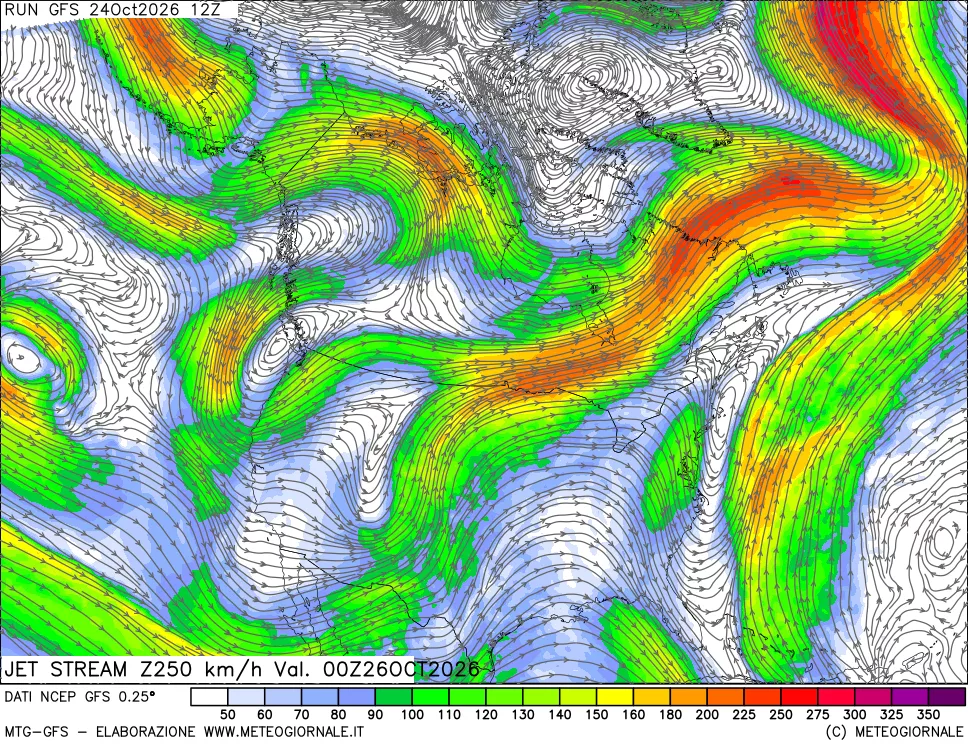 mappa 250 hPa Jet stream