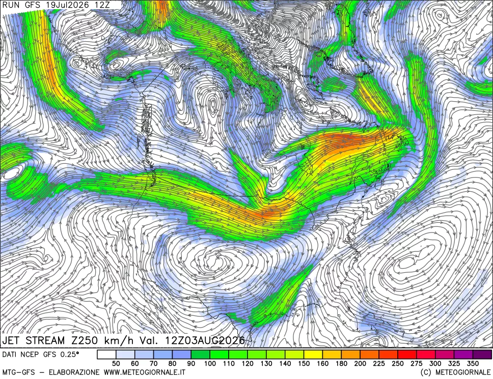 mappa 250 hPa Jet stream
