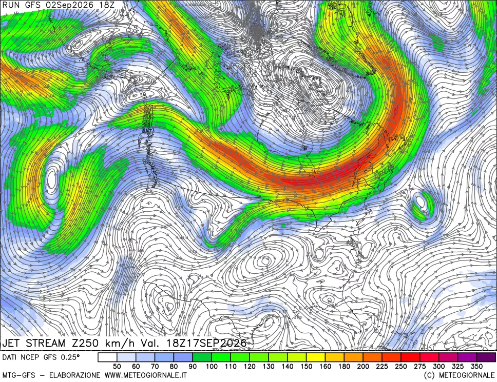 mappa 250 hPa Jet stream