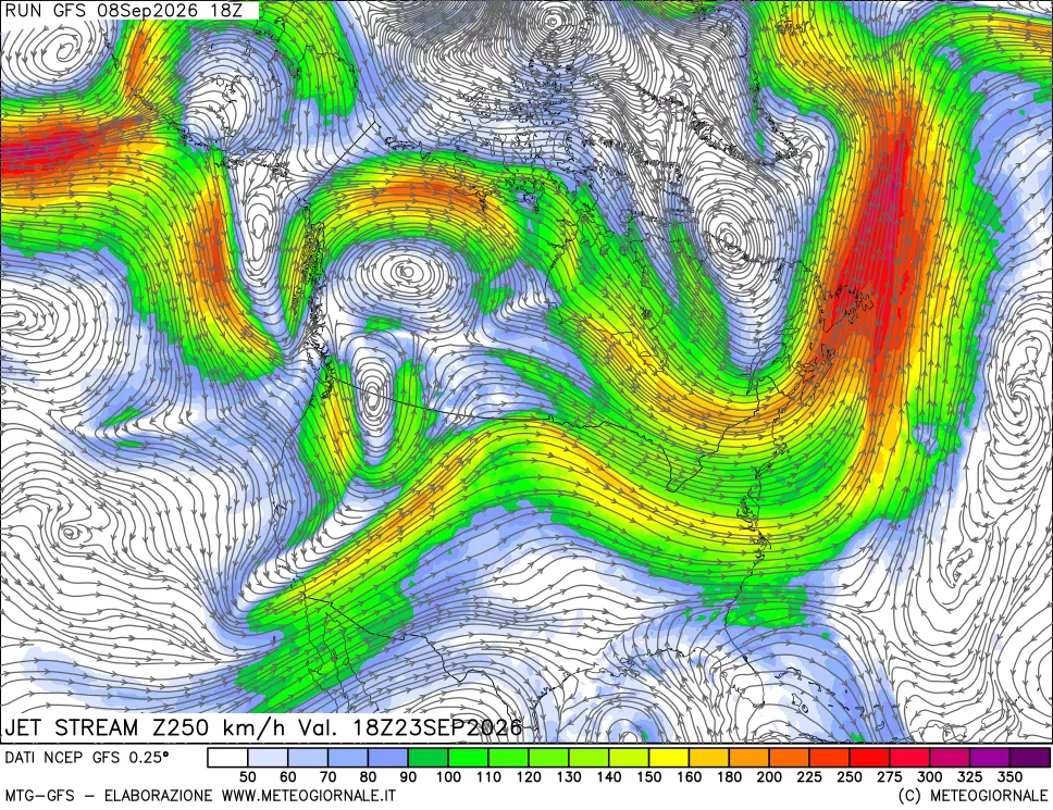 mappa 250 hPa Jet stream