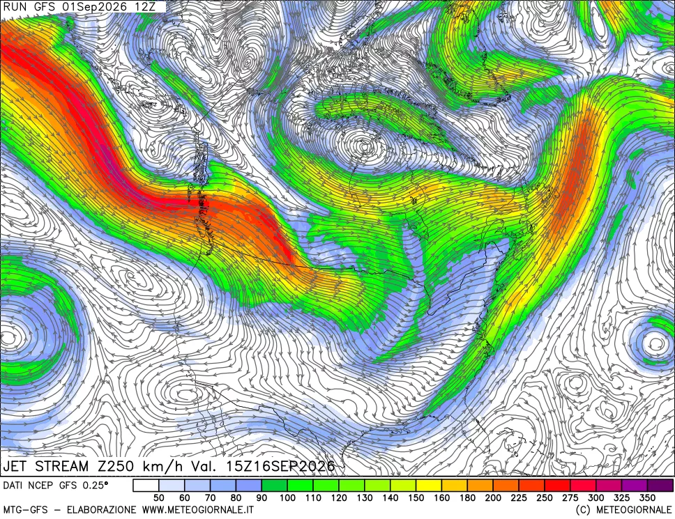 mappa 250 hPa Jet stream