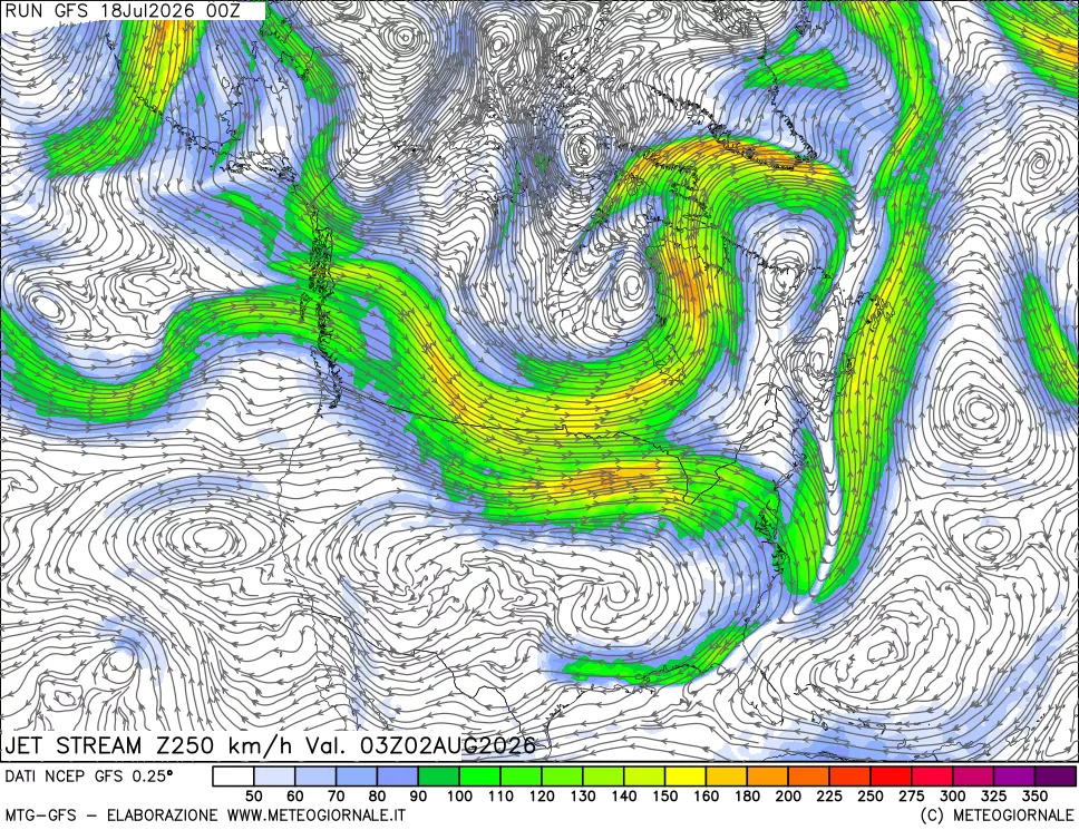 mappa 250 hPa Jet stream