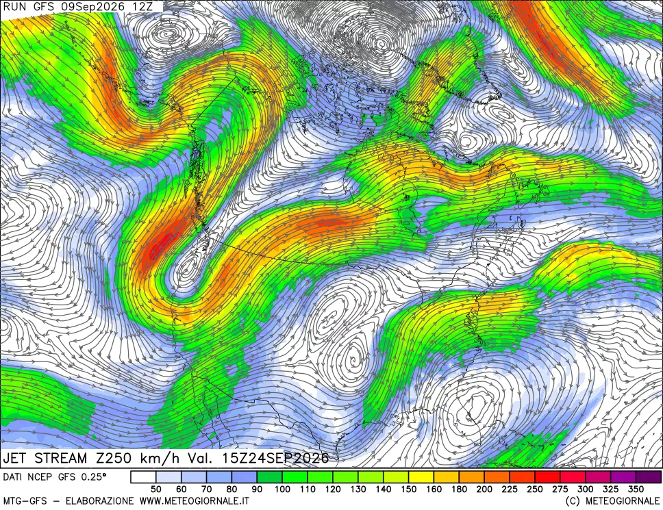 mappa 250 hPa Jet stream