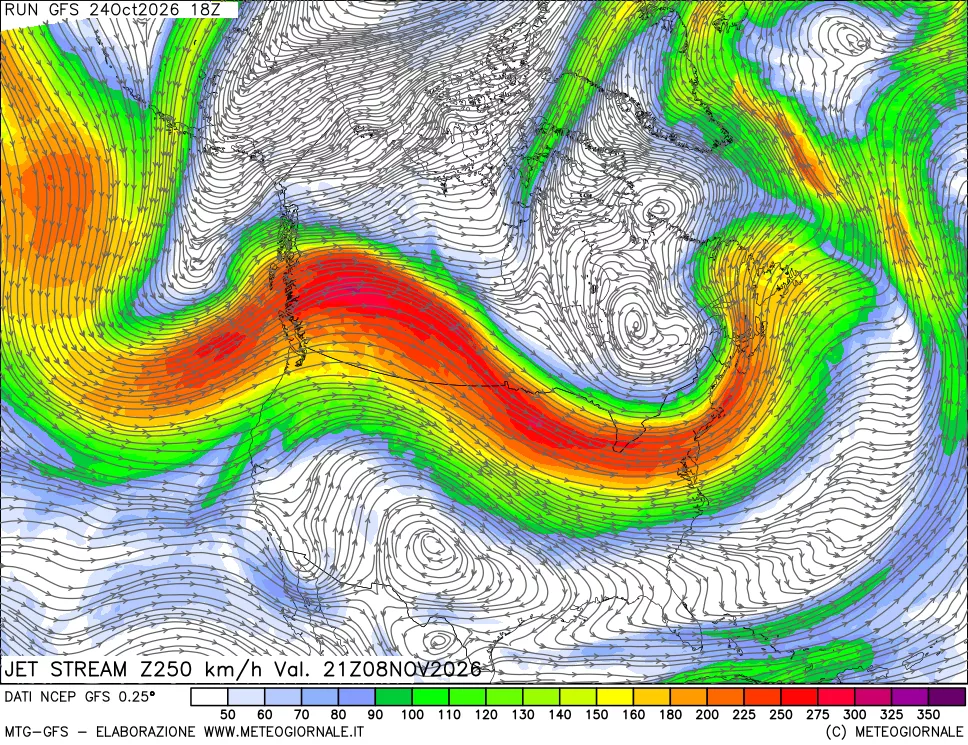 mappa 250 hPa Jet stream