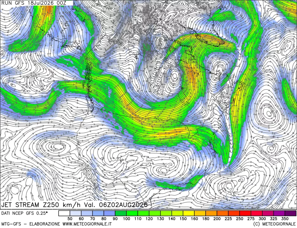 mappa 250 hPa Jet stream