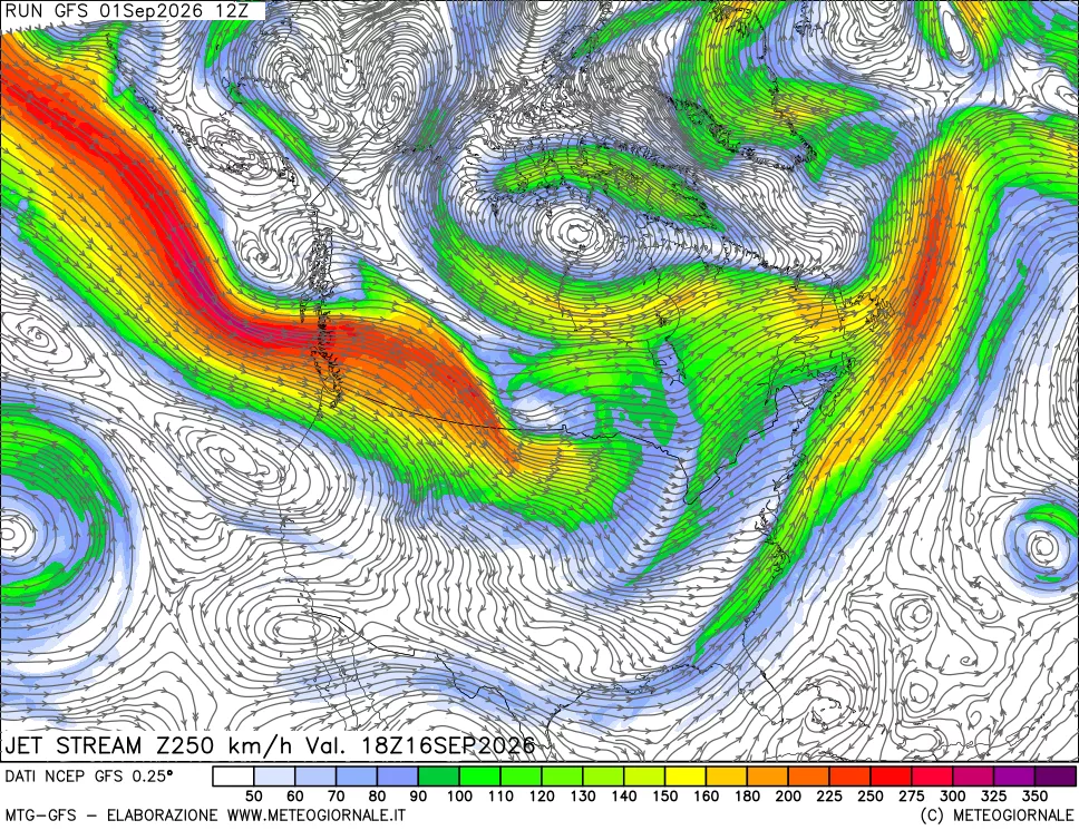 mappa 250 hPa Jet stream