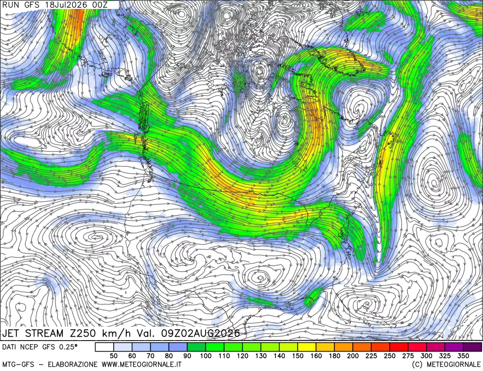 mappa 250 hPa Jet stream