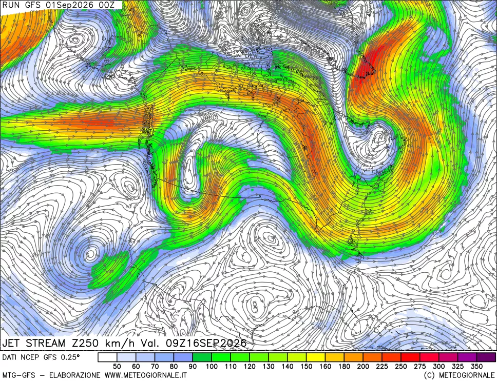 mappa 250 hPa Jet stream