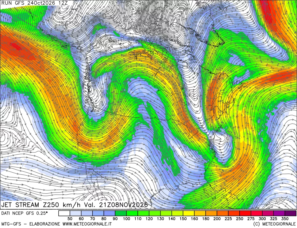 mappa 250 hPa Jet stream