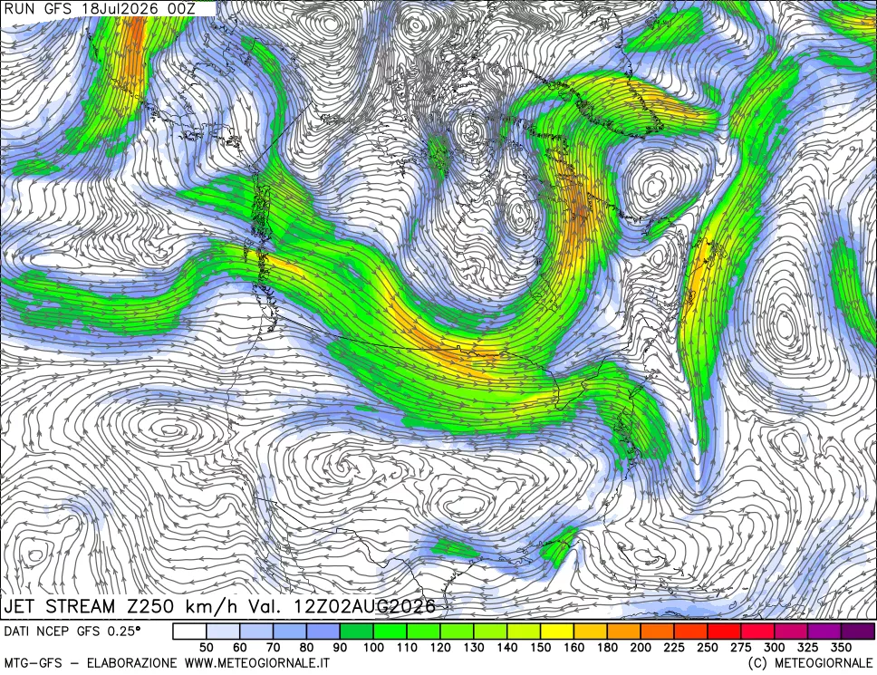 mappa 250 hPa Jet stream