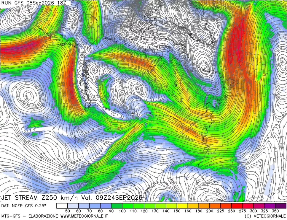 mappa 250 hPa Jet stream