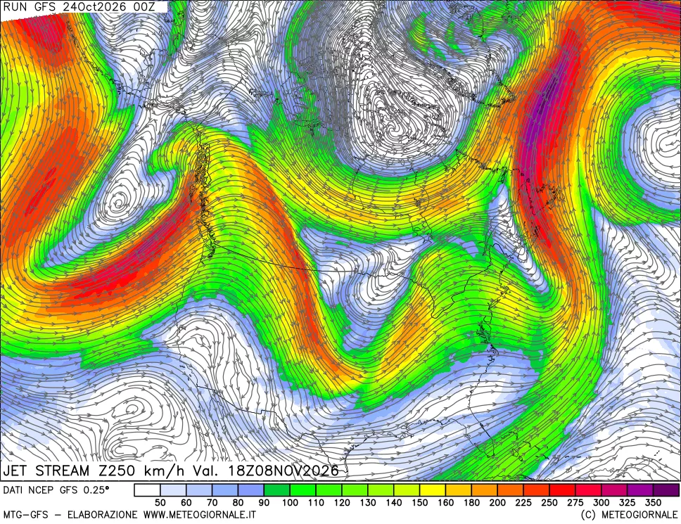 mappa 250 hPa Jet stream