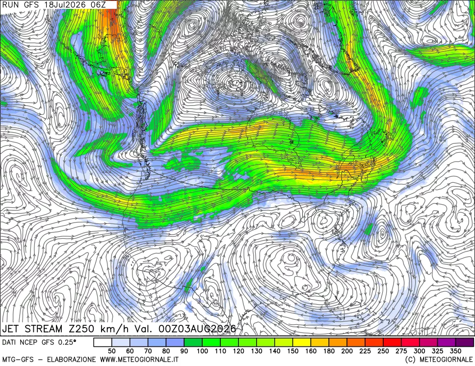 mappa 250 hPa Jet stream