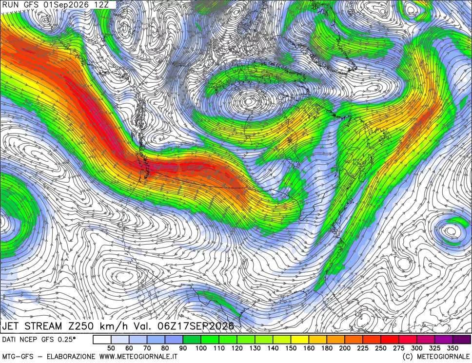 mappa 250 hPa Jet stream