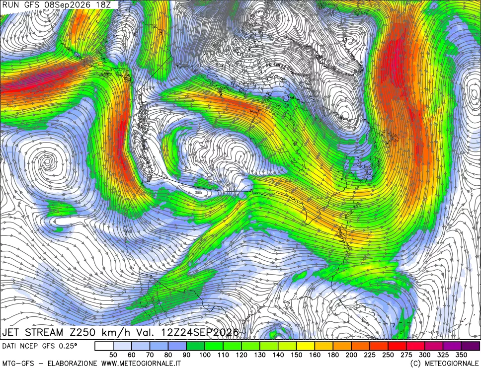 mappa 250 hPa Jet stream