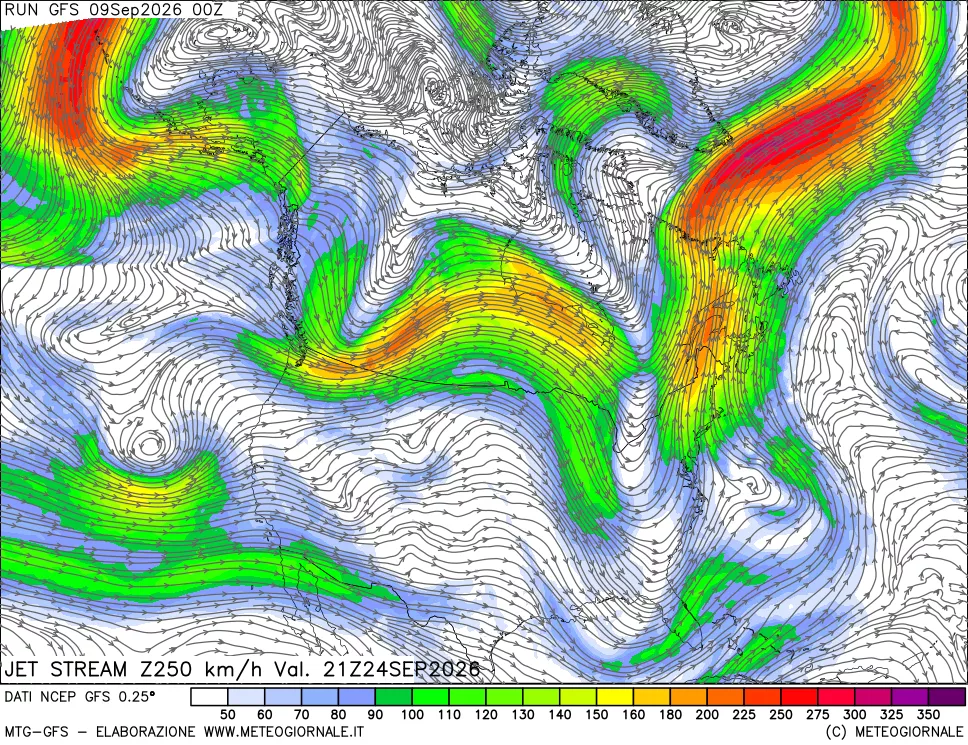 mappa 250 hPa Jet stream