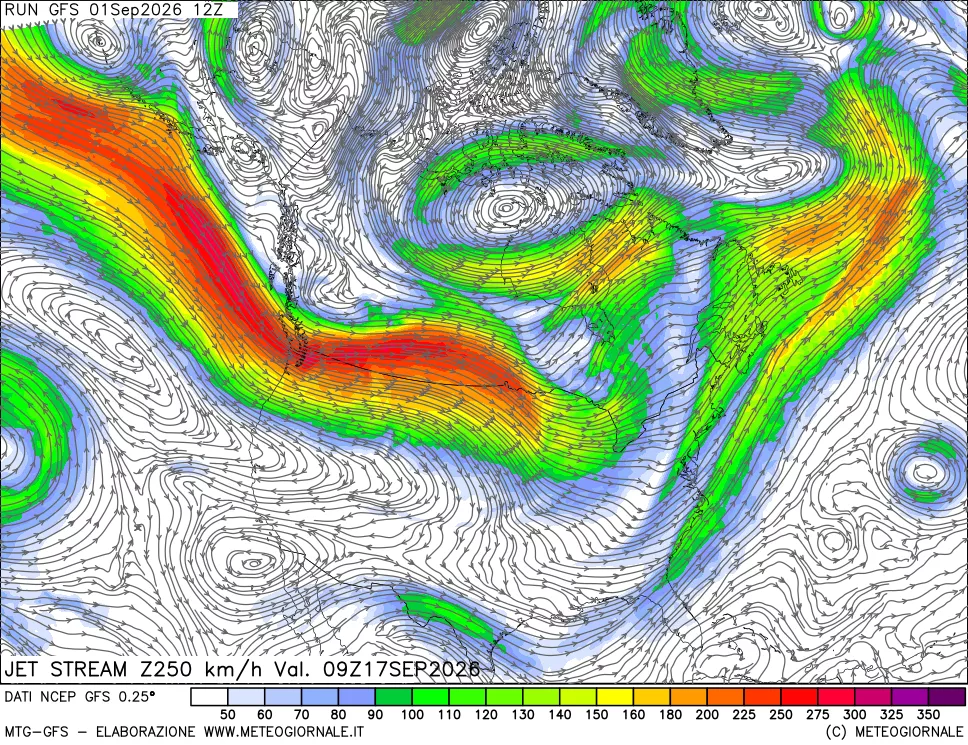 mappa 250 hPa Jet stream