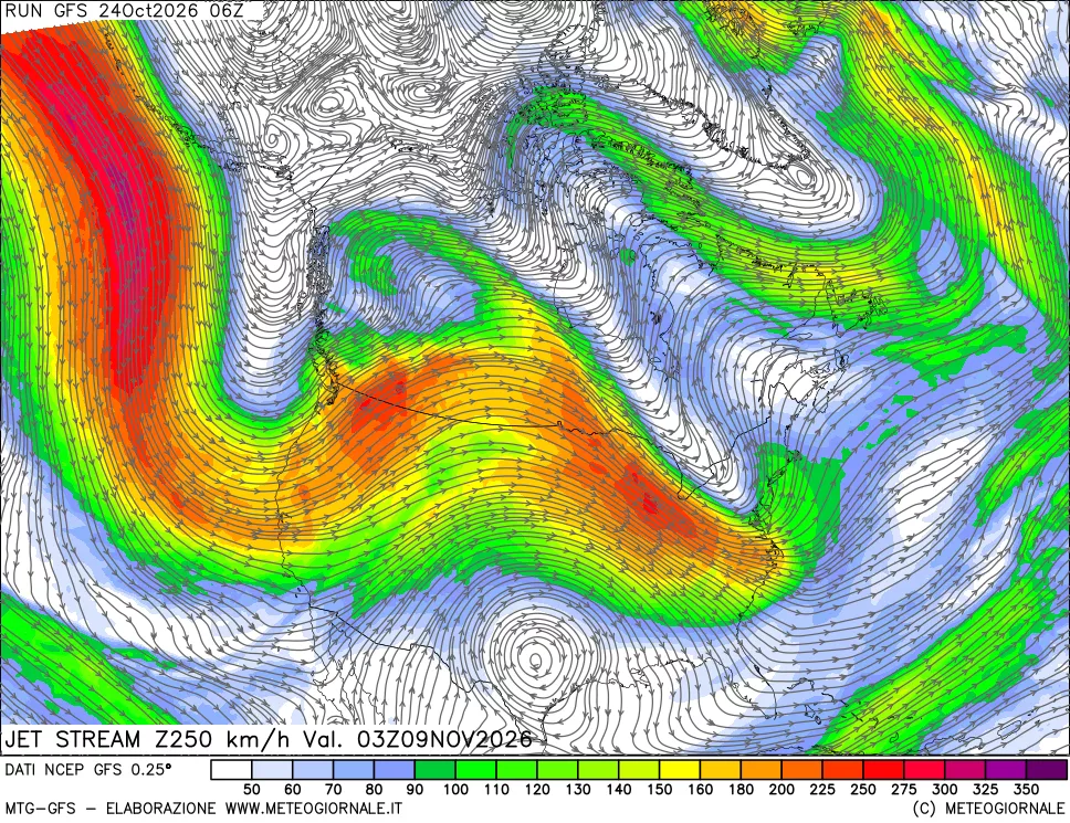 mappa 250 hPa Jet stream