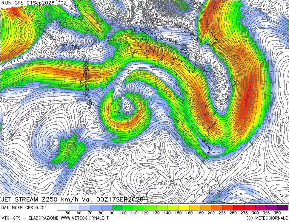 mappa 250 hPa Jet stream