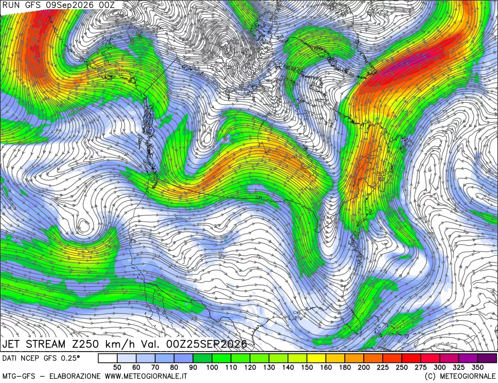 mappa 250 hPa Jet stream