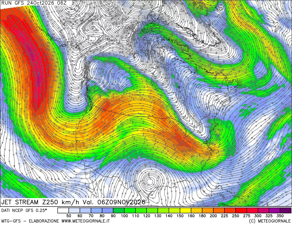 mappa 250 hPa Jet stream