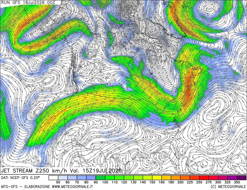 mappa 250 hPa Jet stream