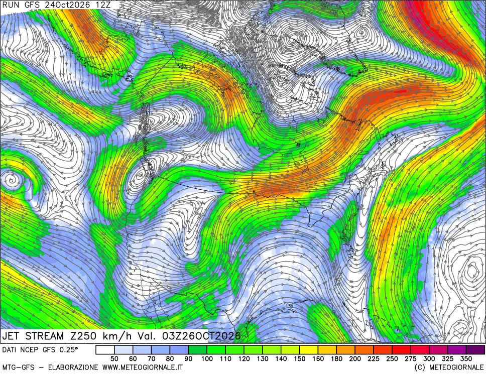 mappa 250 hPa Jet stream