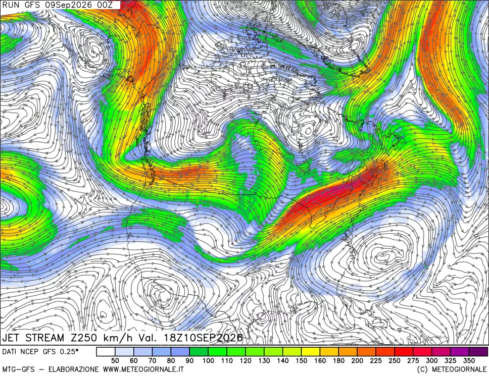 mappa 250 hPa Jet stream