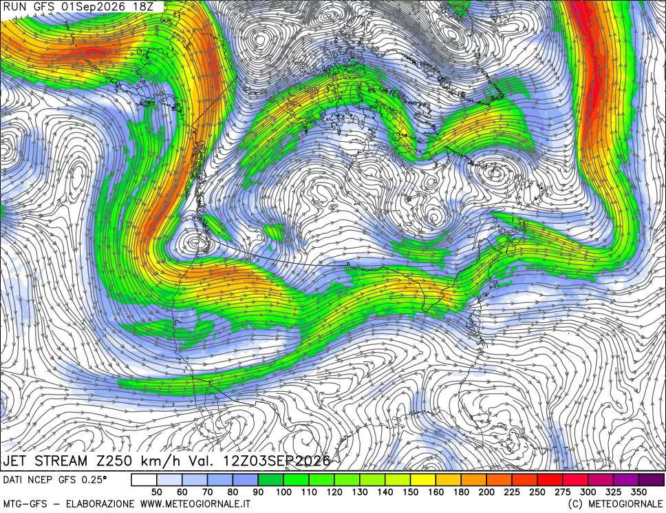 mappa 250 hPa Jet stream