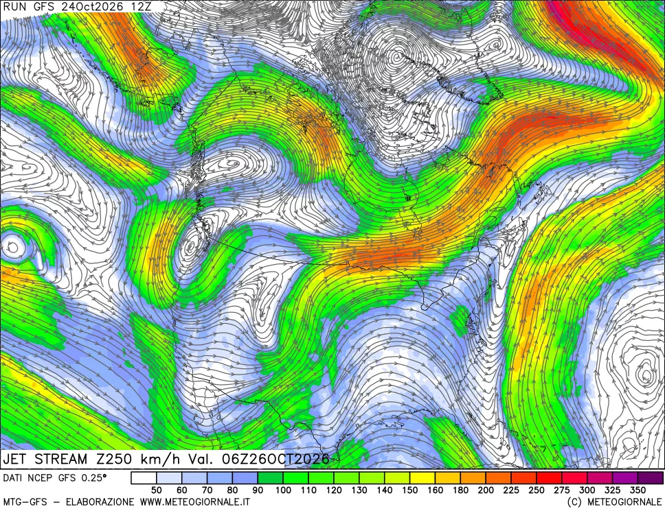 mappa 250 hPa Jet stream