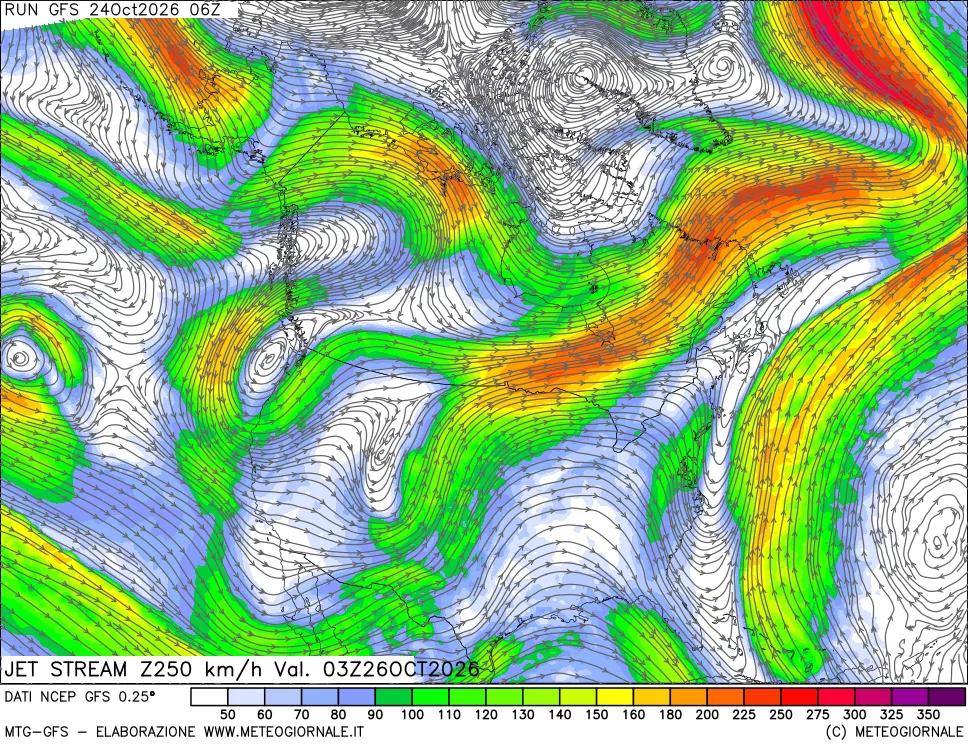 mappa 250 hPa Jet stream