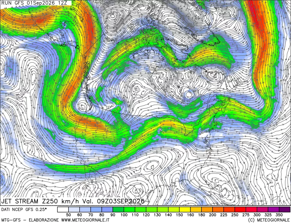 mappa 250 hPa Jet stream