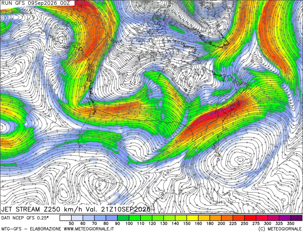 mappa 250 hPa Jet stream