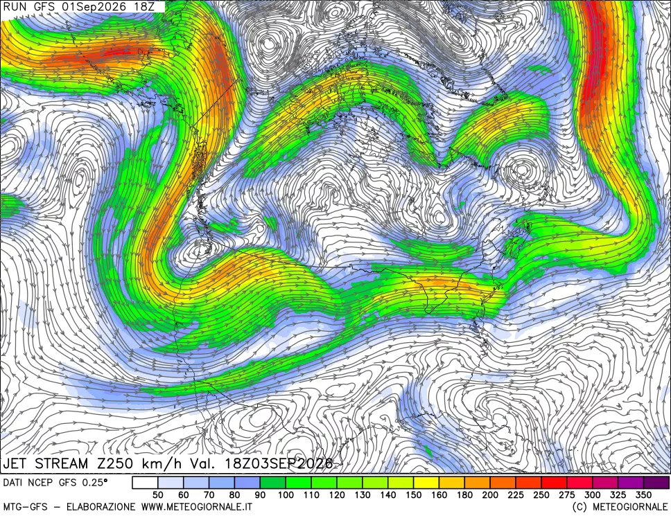 mappa 250 hPa Jet stream