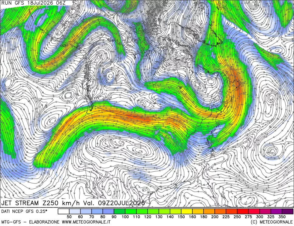 mappa 250 hPa Jet stream